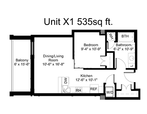 Floor plan for 1 bed, 1 bath, 539 sqft